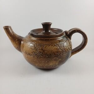 Vintage Artist Signed Handmade Studio Art Pottery Teapot Brown Leaf‎ Design